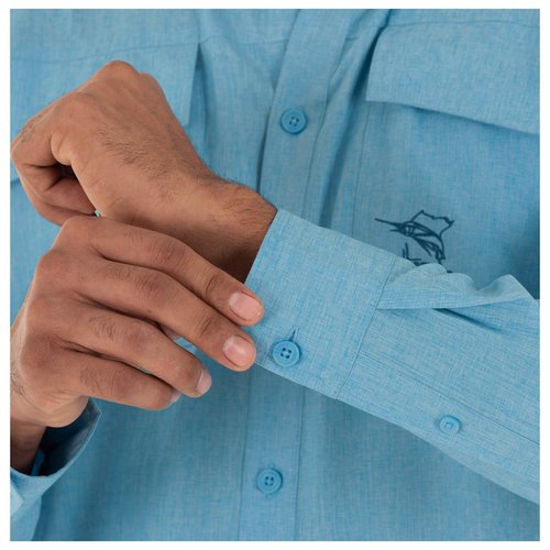 Guy Harvey Men's Long Sleeve Heather Textured Cationic Fishing Shirt, Bonnie Blue, Large