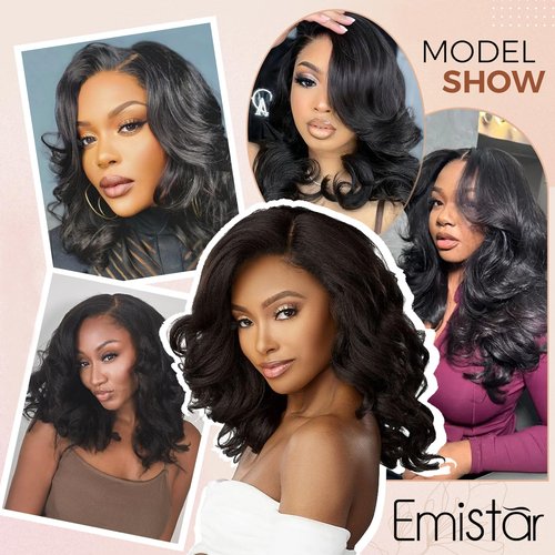 Emistar 16 Inch Body Wave 13x6 HD Lace Front Wigs Blend Human Hair 180% Density Bob Wig Pre Plucked Short Bob Wigs for Black Women Glueless Frontal Wig Synthetic Hair Natural Black Loose Wavy