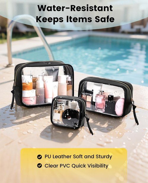 Vorspack Travel Makeup Bag - 3 Pack Travel Toiletry Bag for Women Clear Cosmetic Bag Makeup Organizer Zipper Pouch for Travel Essentials Storage - Black
