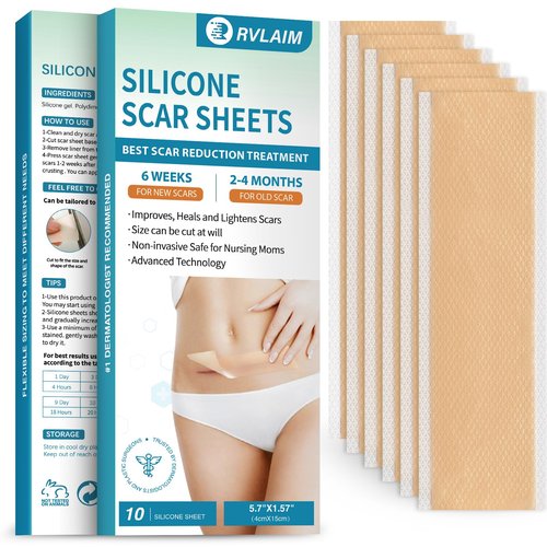 Silicone Scar Sheets, Silicone Scar Tape(5.7" x 1.57"10 Pcs) Silicone Scar Strips, Professional Scar Removal Sheets for Surgical Scars, Keloid, C-Section, Burn et