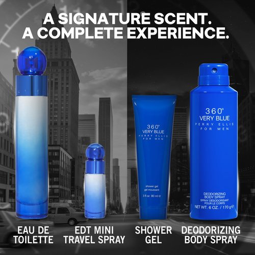 Perry Ellis 360° Very Blue Gift Set - 3.4 fl oz Eau de Toilette, 3 oz Shower Gel, 6 oz Body Spray, .25 fl oz EDT Mini Travel Spray - fresh, aquatic, citrus, clean