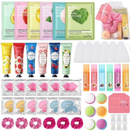 Jutqut 60PCS Spa Party Supplies for Girls, Include Facial Masks, Lip Mask, Under Eye Patches, Lip Balm, Foot Bath Bombs, Hand Cream, Compressed Towel, Hair Band, Sleepover Party Supplies for Girls
