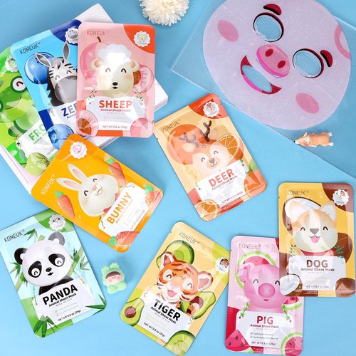 KONEUK 36 Pack Cute Animal Kids Face Mask, Sheet Collagen Moisturizing Face Mask for Girls Teens, Stocking Stuffers for Wome, Bulk Spa Party Gifts and Birthday Gifts