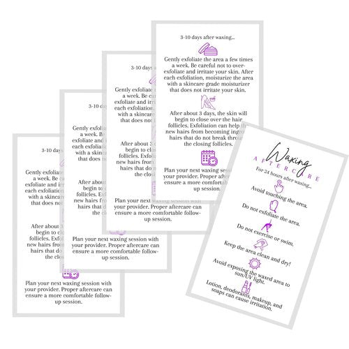 Boutique Marketing LLC Waxing Aftercare Cards | 50 Pack | Size 2 x 3.5” inches Business Card Size | Hair Removal Aftercare Kit | White with Purple Design