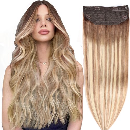 Halo Hair Extensions - Dark Brown to Gold Blonde and Bleach Blonde Adjustable Size Removable Secure，Halo Extensions Real Human Hair, 3/8/22 70g 14Inch