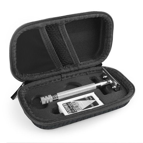 Linkidea Hard Travel Case Compatible with Vikings, Merkur, Shaving Revolution Double Edge Safety Razor, Storage Box Organizer for Safety Razor & Shaving Attachments (Lychee Vegan Leather)