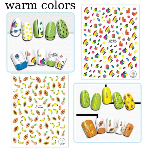 WAFOLOZE 8 Sheets Geometry Summer Nail Stickers for Girls,Fruits Nail Decals 3D Self-Adhesive Kids Flower Nail Stickers Little Rainbow Design Holiday Decals for Women