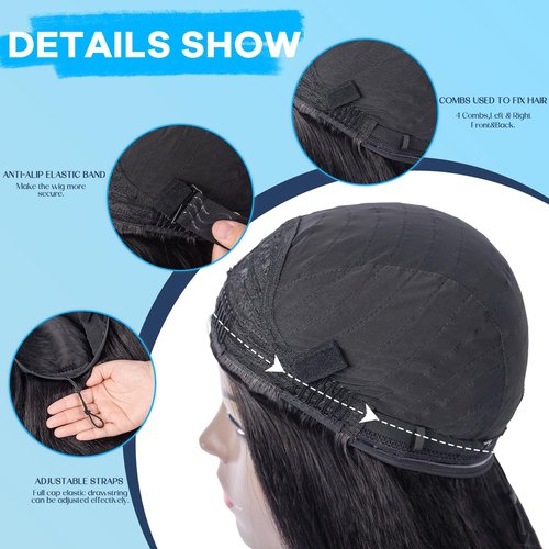 Prosa Kinky Straight synthetic Hair Half Wig, 3-in-1 Glueless Clip In Drawstring Headband Wig, Seamless Flip Over Style for Women 1B (22inch)