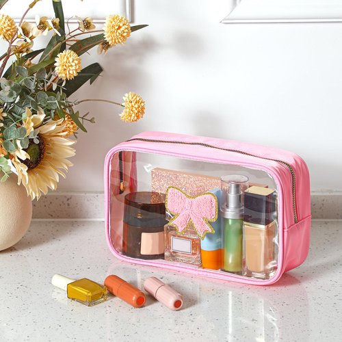 Kacctyen Pink Bow Clear Makeup Bag Coquette Pink Bow Travel Toiletry Preppy Cosmetic Bag Travel Organizer Trendy Portable Gift for Women Girlfriend Bridesmaid Birthday Mothers Day