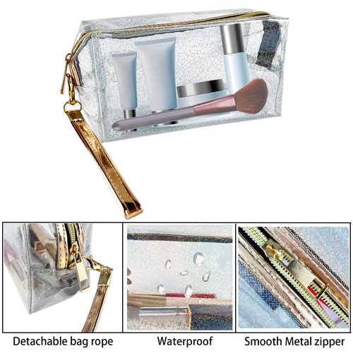 6Pcs Waterproof Cosmetic Bags PVC Transparent Zippered Toiletry Bag with Handle Strap Portable Clear Makeup Bag Pouch for Bathroom, Vacation and Organizing