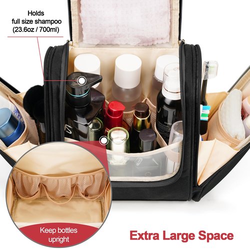 Travel Hanging Toiletry Bag for Women and Men, 6 Organizer Compartments, Holds Full Size Bottles, Extra Large Cosmetic Accessories, Makeup essentials, Bathroom Water-resistant Toiletries Bag, Black