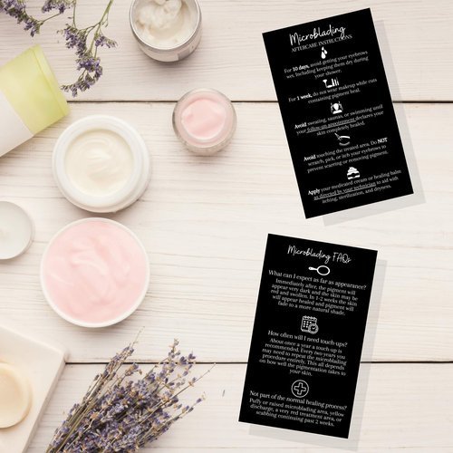 Microblading Aftercare Cards | 50 Pack | Size 3.5 x 2" inches | Disposable FAQ Microblade Printed Certified Recommended Care Instructions | PMU Black with White Icons Design