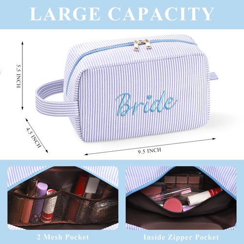 Etercycle Bride Makeup Bag, Blue Striped Cosmetic Bag Embroidery Bridal Shower Gifts, Large Travel Make Up Bags with Inside Pockets Toiletry Bag for Women Wedding Engagement Bachelorette Party