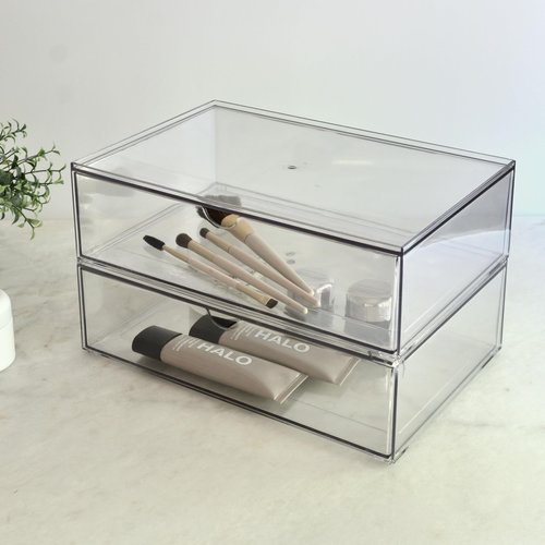 Youngever 2 Pack Large Stackable Organizer Drawers, Stackable Makeup Organizer, Stackable Makeup Storage, Clear Cosmetic Organizers, Makeup Organizer Drawers (12" x 7.5" x 3.5")