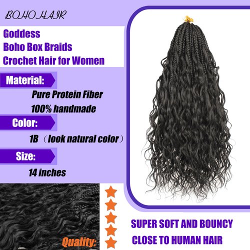 Goddess Box Braids Crochet Hair 14 inch Pure Protein Fiber Close to Human Hair 8 packs Boho Crochet Braids for Black Women Pre looped Bohemian Box Braid with Curly Ends Hair Extensions(14 inch, 1B)