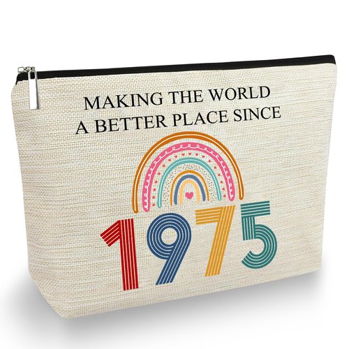 TOBYOVU 50th Birthday Gifts For Her, Women – Gifts for 50th Birthday – Mothers Day Bags For Woman – 50th Bday Decorations For Sister, Female, Friends – 1975 Canvas Makeup Bag – Turning 50th Gift
