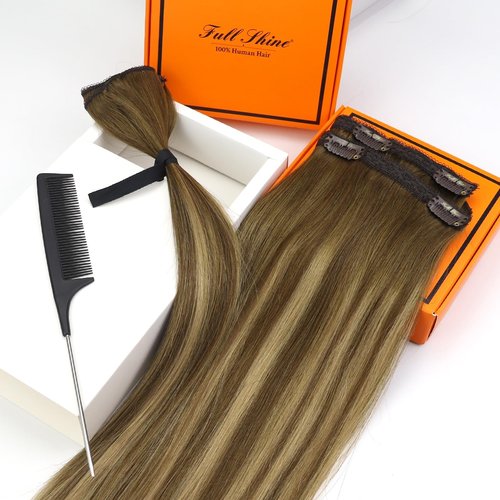 Full Shine Clip in Hair Extensions Human Hair 16Inch Lace Clip in Human Hair Ombre Brown Fading to Blonde Highlight Double Weft Straight Hair Extensions for Women 60Grams 3Pcs