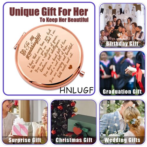 HNLUGF to My Granddaughter - You're Amazing and Beautiful - Pocket Mirror, Granddaughter Engraved Compact Mirror, Family First Mirror Encouragement Gifts from Grandparents (Rose Gold-B)