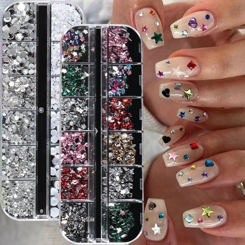 Nail Charms and Gems, Tucepu Nail Rhinestones Kit with 6 Boxes of Nail Gems, Colorful Clear Flatback Rhinestones 3D Charms for Nails， 3 Jewelry Glue