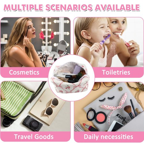URSKYTOUS Quilted Makeup Bag Floral Large Cute Cosmetic Bag Cotton Puffy Makeup Organizer Coquette Travel Makeup Pouch Aesthetic Portable Zipper Toiletry Storage Bag for Women Girls (Pink Bow)