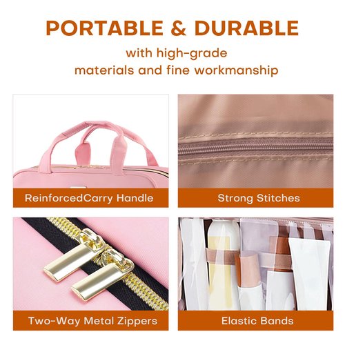 BAFAMYE Toiletry Bag Travel Bag with Hanging Hook, Water-Resistant Makeup Cosmetic Bag Organizer for Accessories, Full-Size Shampoo and Toiletries, Large, Light Pink, BAF-019