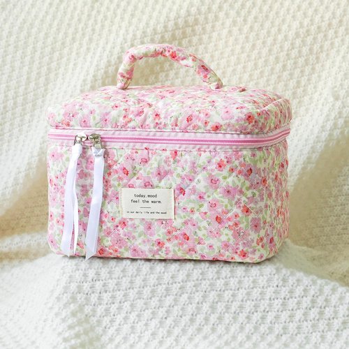 Sminra Makeup Bag Large Travel Quilted Cosmetic Makeup Bag Organizer, Floral Cotton Coquette Aesthetic Toiletry Bag for Women Girls (Pink Floral-L)