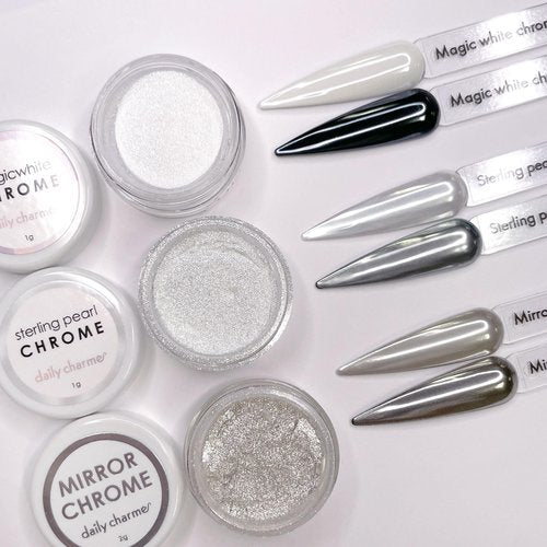 Daily Charme Sterling Pearl Nail Chrome Powder (Pearl) 1g, Metallic Nail Powder, Translucent Pearlescent Pigment, Mirror Metallic Effect, Home DIY/Nail Salon Manicure
