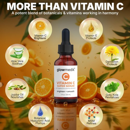 GlowMedik Vitamin C Serum for Face – Brighten + Smooth Vit C Serum Face with Hyaluronic Acid, Vitamin E & MSM, Hydrates & Firms Dull or Uneven Skin for a Radiant, Youthful-Looking Glow, 30ml