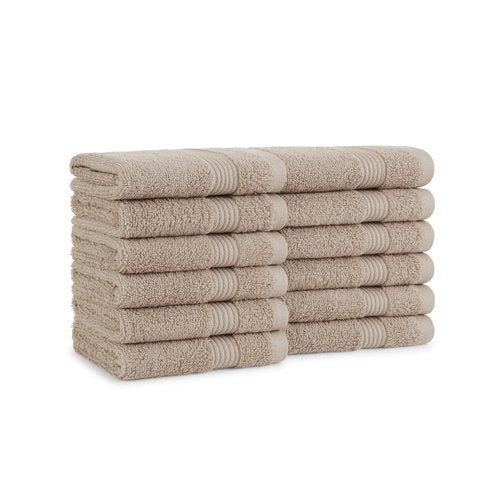 Arkwright Bath Washcloths 12 Pack - Super Soft 100% Cotton, 600 GSM Quick Dry & Absorbent, Luxury Face & Body Wash Cloth Towels for Hotels, Spa, and Vacation Rentals, Latte Beige