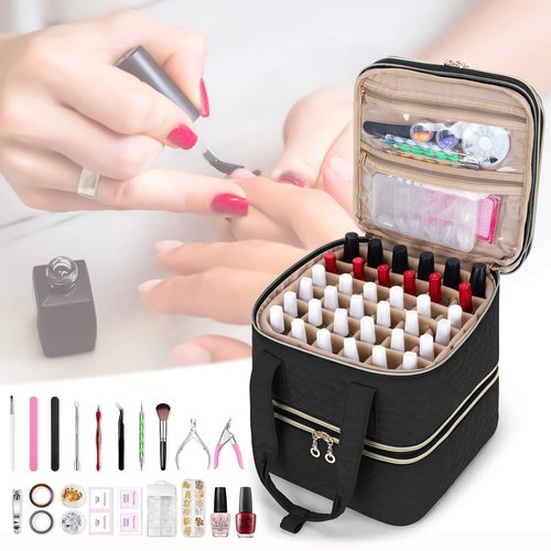 Yarwo Nail Polish Organizer Case Holds 72 Bottles (15ml/0.5 fl.oz), Detachable 3 Layers Nail Polish Storage Bag with Removable dividers for Nail Lamp and Nail Art Manicure Tools, Black (Bag Only)