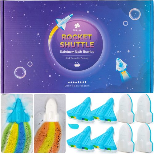 ORIGLAM Bath Bombs for Kids, 8 XL Organic Kids Bath Bombs for Boys, Space Plane & Rocket Rainbow Bath Bomb for Toddlers Individually Wrapped, Bulk Birthday Gifts for Men Party Favors for Kid 4-8-12