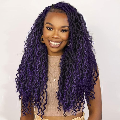 LIYATE Goddess Locs Crochet Hair 18 Inch 6 Packs Purple Faux Locs Crochet Hair for Black Women Pre Looped Soft River Locs Crochet Braids with Curly Ends Boho Locs crochet Hair (1B / Purple)