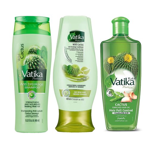 Vatika Naturals Cactus Shampoo, Conditioner & Hair Oil Combo – Strengthens Weak Hair, Reduces Breakage, Deep Hydration & Damage Repair with Cactus & Henna for Smooth, Healthy Hair, 400ml