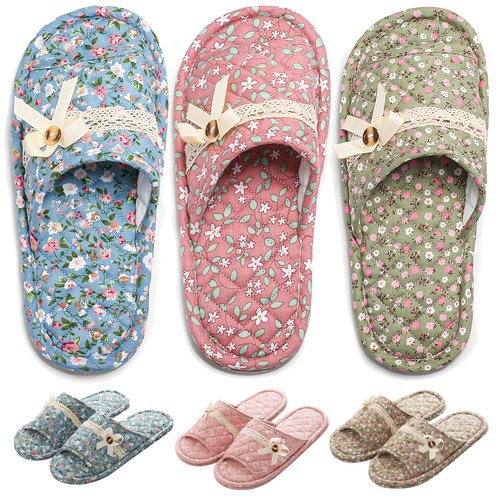 biroris 3 Pairs Floral Cotton House Slippers for Women, Open Toe Indoor Slippers Comfortable Washable Portable Foldable Guest Travel Hotel Airplane Spa Slippers