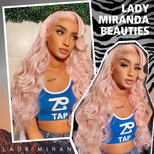 Lady Miranda Pink Synthetic Lace Front Wigs Kanekalon Fiber 26 Inch 13×4 Pre-Plucked Glueless Lace Front Long Wave Wigs with Baby Hair Ready to Wear Light Pink Wig Synthetic Wig for Black Women