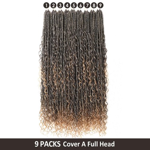 9 packs Boho Faux Locs Crochet Hair, 30 Inch, Ombre Honey Blonde Pre Looped Goddess Soft Locs Crochet Hair with Curly Ends, Bohemian River Locs for Black Women(T1B/27#, 30 Inch)