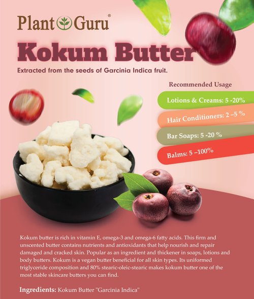 Plant Guru Raw Kokum Butter 2 lbs. Bar 100% Pure Natural - Great for Skin, Body and Hair Moisturizer, DIY Creams, Balms, Lotions and Soap Making.