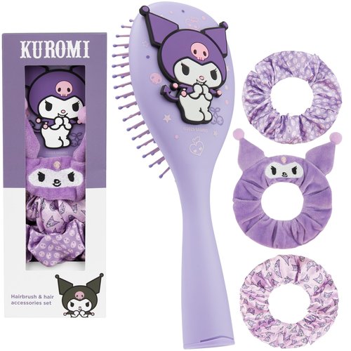 Hello Kitty Sanrio Hair Brush & Scrunchies Set for Girls, Teens, Women, Kuromi, Cinnamoroll Cute Stuff, Detangler Brush, Kawaii Gifts for Her (Kuromi Brush & Scrunchies)