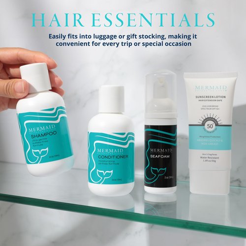 Mermaid Extension Care Travel Kit, 4 Piece Set with Extension-Safe Shampoo, Conditioner & Seafoam and Sunscreen