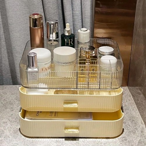 Makeup Organizer for Vanity, Stackable Cosmetics Organizer with Drawers, Countertop Storage for Makeup Palettes, Skincare, Beauty Supplies, Great for Vanity, Bathroom, Cabinet, Dresser Desk. Cream
