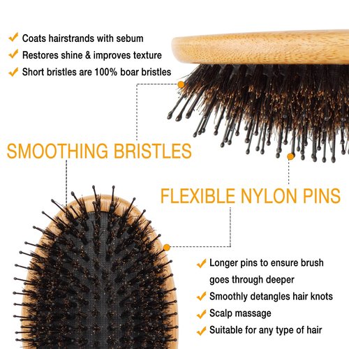 Belula Organic Hair Care Set - Boar Bristle Brush and Detangler for Shiny, Textured Hair