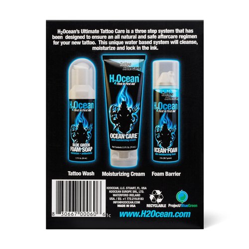 H2Ocean Ultimate Tattoo Aftercare Kit – Complete 3 Step Water-Based Skincare Regimen for Faster Tattoo Healing – Blue Green Foam Soap (1.7 oz), Ocean Care Cream (2.5 oz) & Ocean Foam Moisturizer(2 oz)