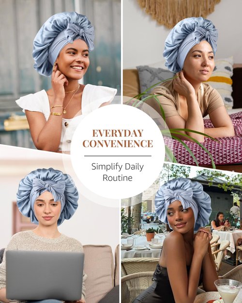 Silk Bonnet 100% Mulberry Hair Bonnet for Sleeping Women Hair Wrap with Elastic Band Sleep Night Cap(Blue)