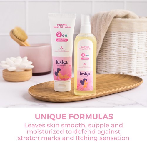Leska Maternity Lotion & Oil | STAGE A: PREPARE & SOOTHE Supple Belly Lotion & Happy Belly Oil (Pregnancy Months 1-5) | Part of a Complete 3-Stage Pregnancy Skincare System | New Mom Gifts (4-4.22oz)