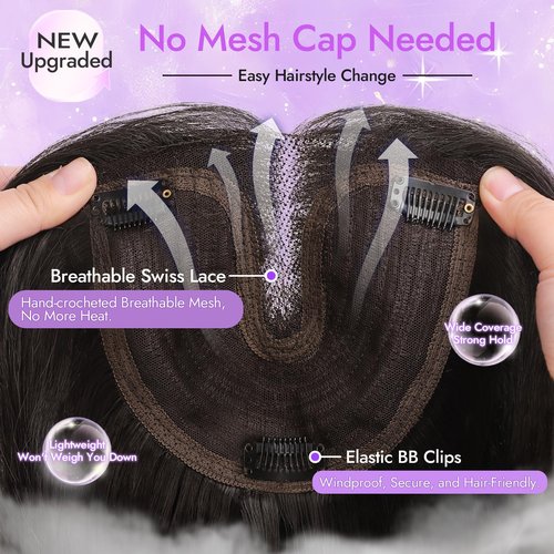 Eawwii Dark Brown Synthetic Hair Toppers for Women with Thinning 3D 360° Cover Clip in Wispy Bangs Upgraded Adjustable Bandage 24 Inch Long Layered