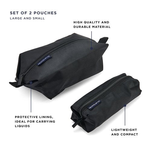 TravelWise 2 Piece Wrap Around Zip Toiletry Bag Set, Large and Small Travel Toiletry Bags, Black