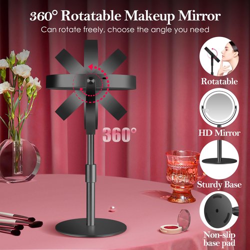 PEDOMIROR Led Makeup Mirror with Lights, 20X Magnifying Mirror, Rechargeable Magnified Makeup Mirror with 360°Rotation & Height Adjustable, Detachable Vanity Mirror(Black)