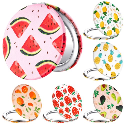 Vicenpal Compact Mirrors Small Pocket Fruit Design Mini Magnifying Portable Makeup Compact Pu Leather Double Sided Pocket Mirror for Women Girls Mother Kids Gift(Round Style)