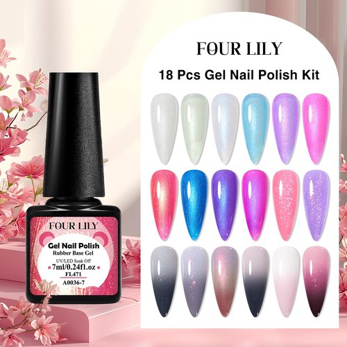 Four Lily 18 Colors Rubber Base Gel Set, Pearlescent Rubber Base Gel Polish for Nails Color Changing Builder Base Nail Gel Brocade 2-in-1 Soak Off Base Gel Nail Strengthener Gifts for Women