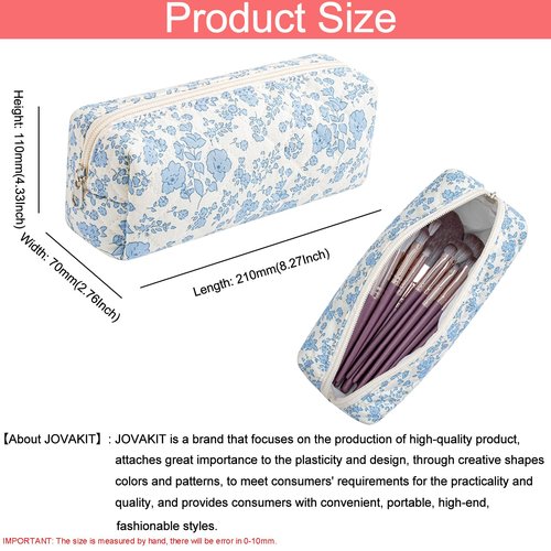 JOVAKIT Small Quilted Makeup Bag Cosmetic Bag for Women, Floral Coquette Cotton Square Travel Makeup Case Zipper Make Up Pouch, Kawaii Travel Storage Organizer Case (Blue Floral)